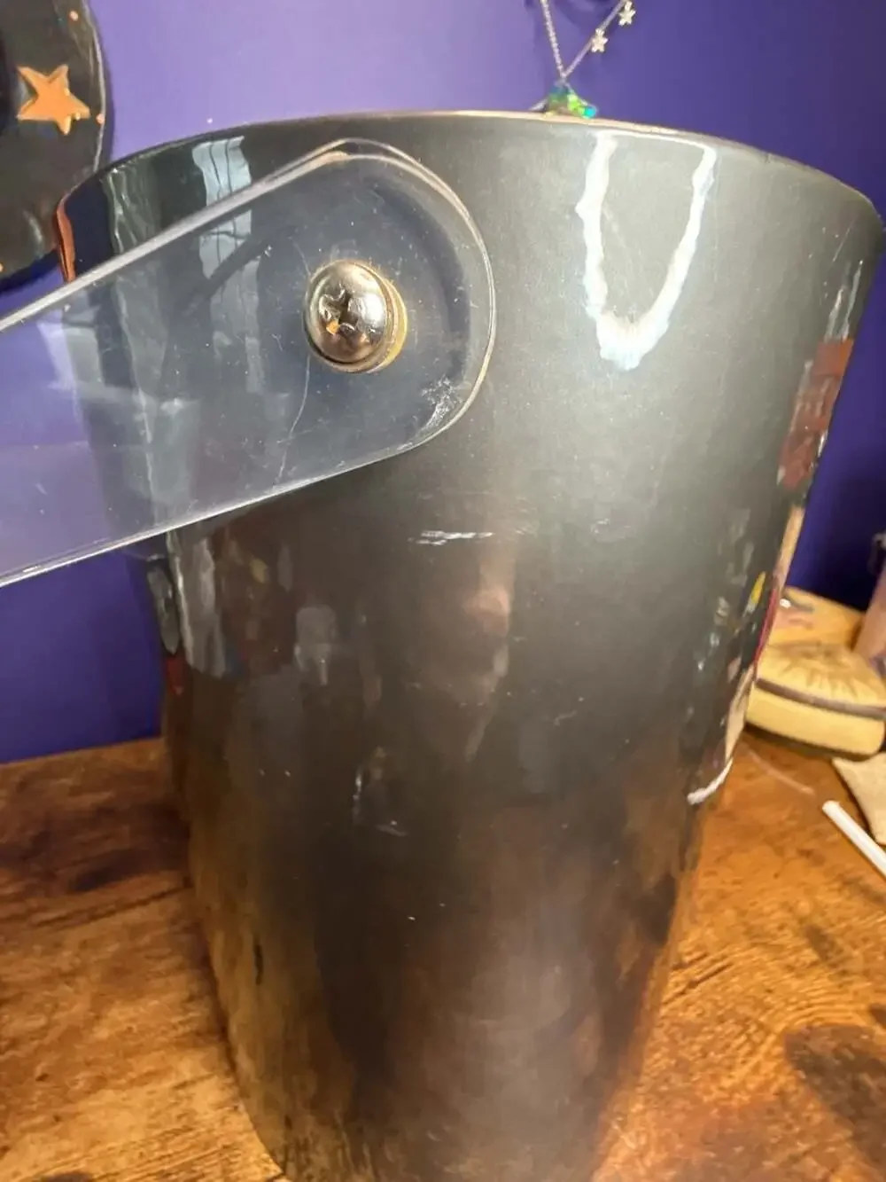 Vintage 1970s dark gray and White Two-Tone Ice Bucket with Clear Acrylic Handle